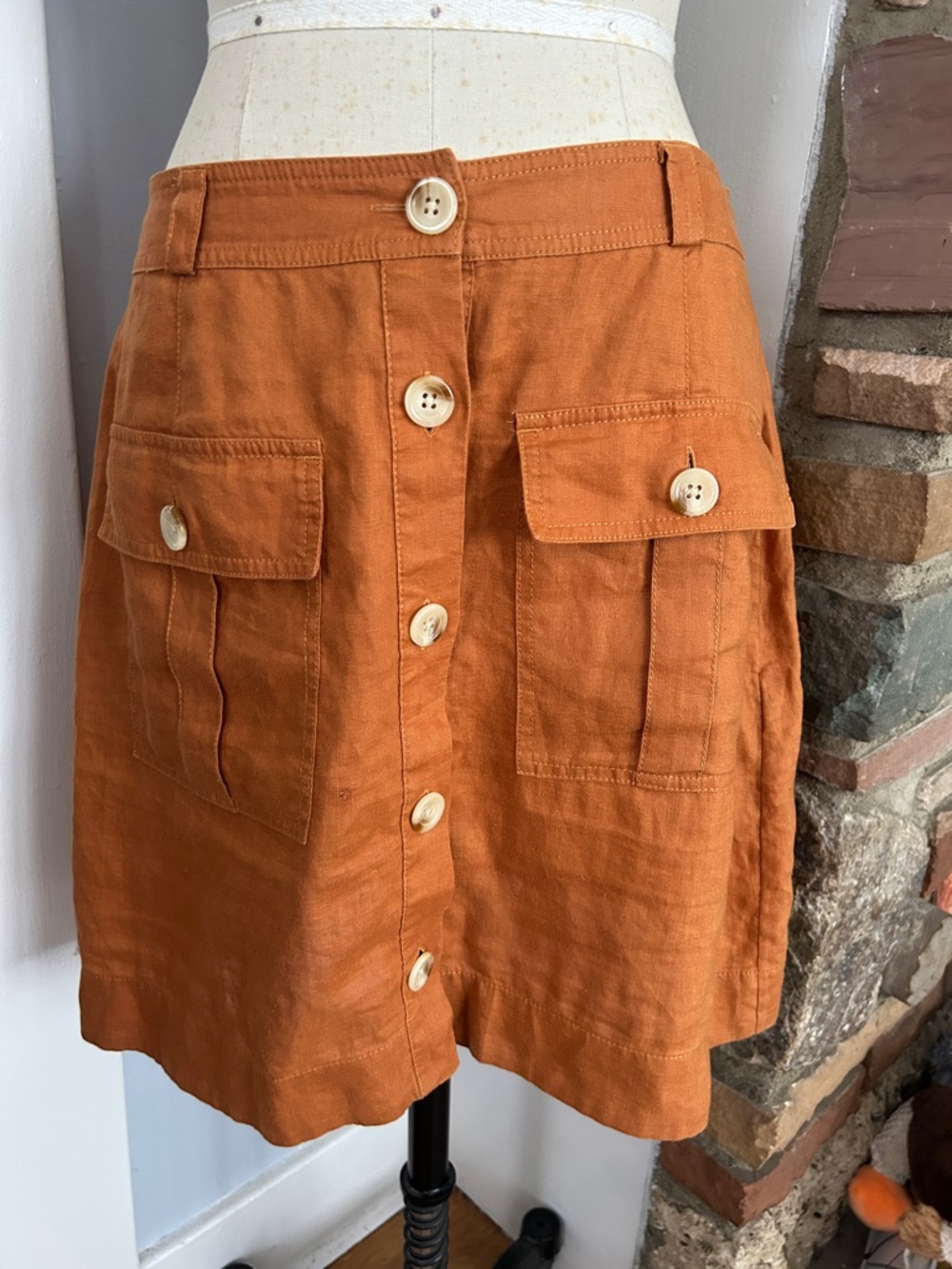 Whistles Rust-Orange Button-Front Linen Skirt with Patch Pockets